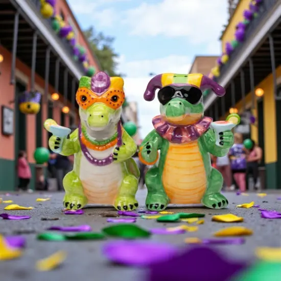 Ceramic Mardi Gras Crocodiles Salt and Pepper Shakers, Festive Decor, Kitchen Decor, Gift for Her {1}