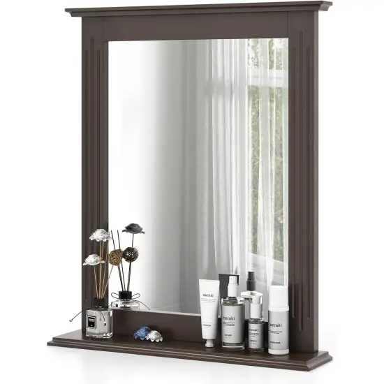 Rectangular MDF Bathroom Wall Mirror with Shelf and Adjustable Frame Wood Finish for Small Spaces Dark Brown {1}