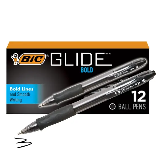 BIC Glide Bold Black Ballpoint Pens, Bold Point (1.6mm), 12-Count Pack, Retractable Ballpoint Pens with Comfortable Full Grip {2}