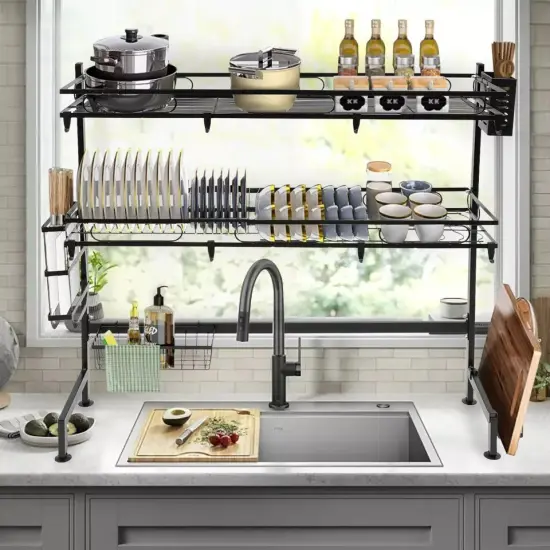 2-Tiers Dish Drying Rack Carbon Steel Drainer Kitchen Storage Cutlery Drainer {2}