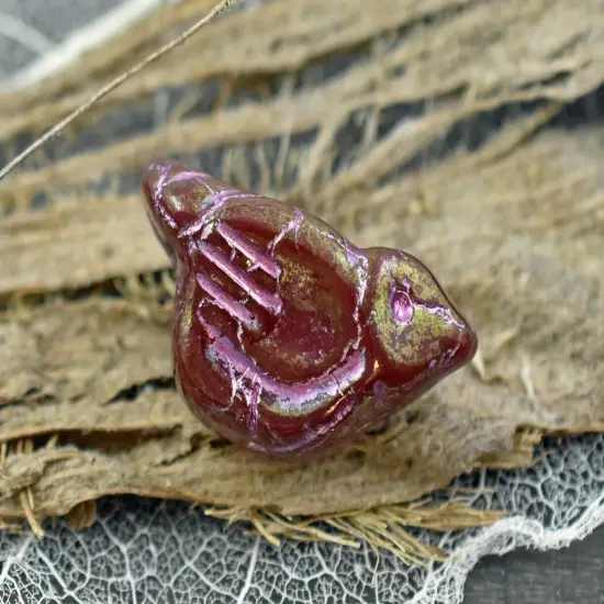 *6* 11x22mm Metallic Pink Washed Golden Opaque Red Bird Beads {2}