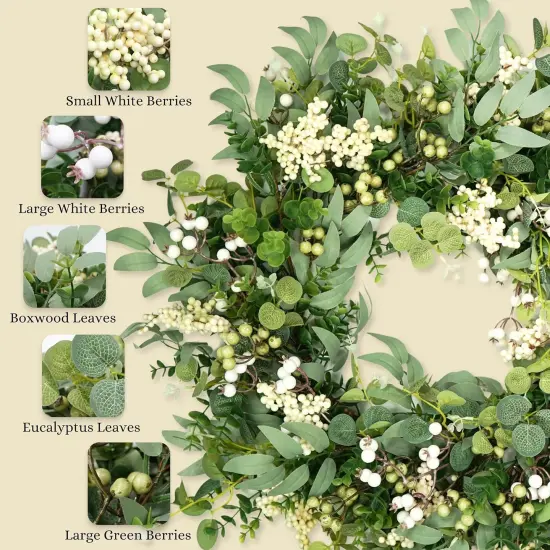 Artificial Eucalyptus Leaf, Boxwood Wreath with Berries, 24 Inches, Indoor/Outdoor, Spring Greenery {4}