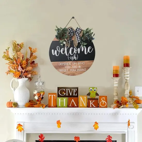 Welcome Sign Front for Door Decoration, 12 in Round Wood Wreaths Wall Hanging Outdoor, Farmhouse, Porch, for Summer Fall All Seasons Holiday Christmas {2}