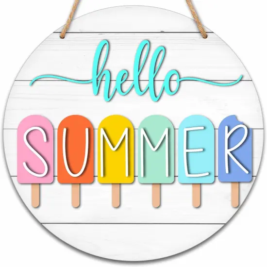 Summer Welcome Sign for Front Door, Hello Summer Wooden Signs Wall Decor, Popsicle Round Hanging Sign With Rope, Summer Decor For Home Front Door Porch, A10 {1}