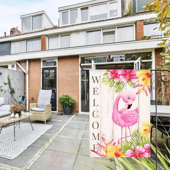 Flamingo Welcome Summer Garden Flag Tropical Pink Bird Yard Flag 12x18 Inch Vertical Double Sided Rustic Seasonal Outside Decorations {3}