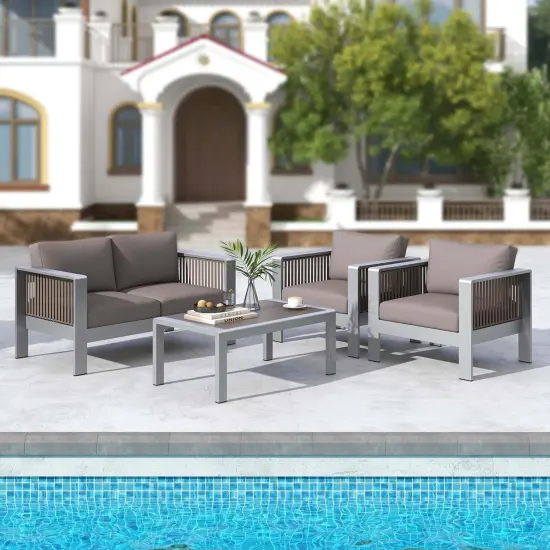 Costway Patio Aluminum Loveseat Sofa Outdoor Furniture Set with Thick Back & Seat Cushions Grey {4}