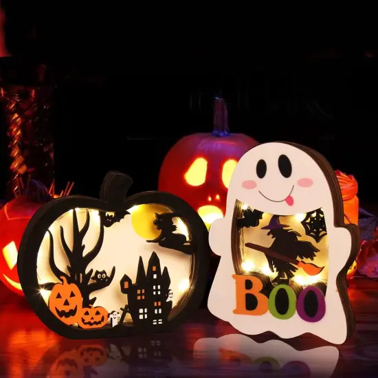 2pcs Halloween Lighted Wooden Table Decoration, Ghost Pumpkin {1}