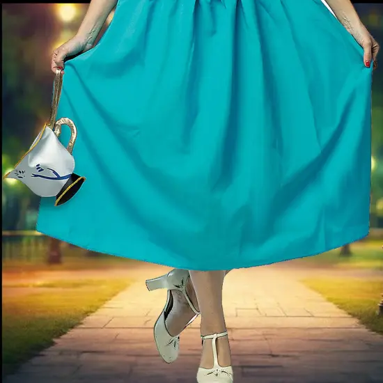 Ouat Belle Adult Halloween Costume With Blue Dress And Teacup Purse {3}