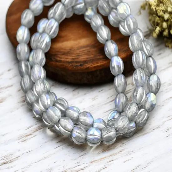 *25* 6mm Silver Washed Matte Grey AB Faceted Round Melon Beads {1}