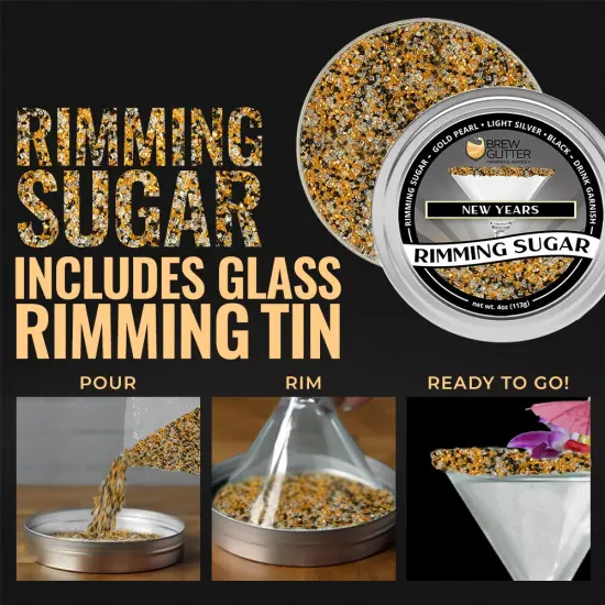 Brew Glitter - New Years Rimming Sugar (4oz, 1x Bar Tin) Cocktail Garnish for Mixed Drinks & Refreshments {5}