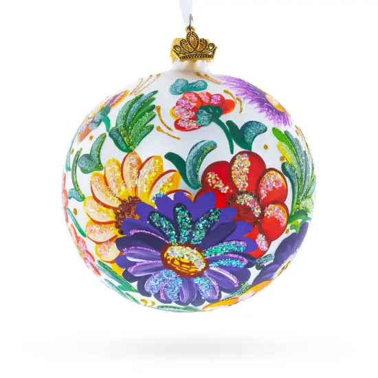 Ukrainian Petrykivka Floral Painting Glass Ball Christmas Ornament 4 Inches {1}