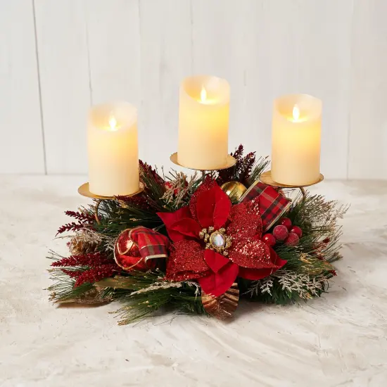 Red Poinsettia Triple Candle Holder - Handcrafted Christmas Decorations - Holiday Tree {2}