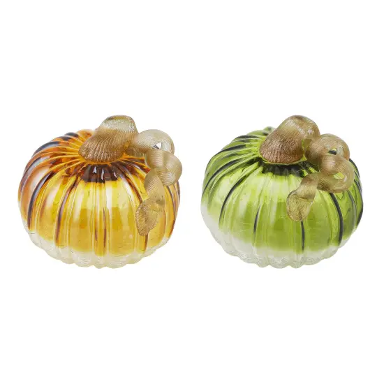 Set of 2 Green & Amber Crackle Glass Short Pumpkin Green&Amber {6}