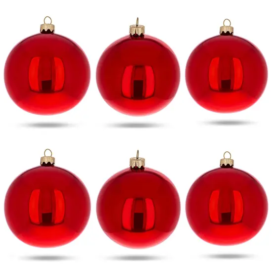 Set of 6 Red Glossy Glass Ball Christmas Ornaments 3.25 Inches {1}