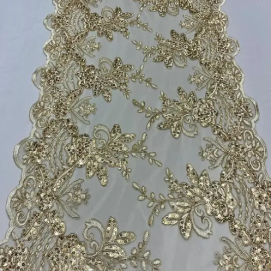 3 Yard Gold Sequin Lace Fabric 100% Polyester Mesh with Embroidery for Evening Gowns & Bridal Wear {1}