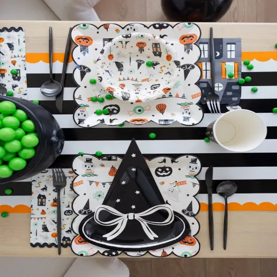 Stylish Halloween Table Runner – Black & White Stripes with Orange Scallop Trim, 16"x10ft for Spooky Parties {3}