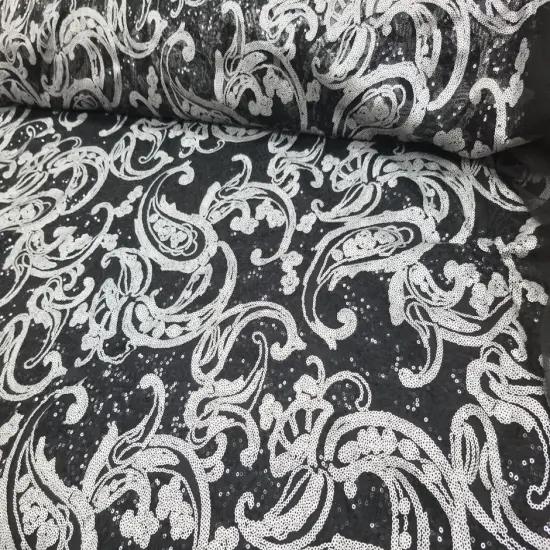 1 Yard Turquoise/Black Elegant Paisley Bridal Lace Fabric With Sequins Embroidery 54 Inch Width {3}
