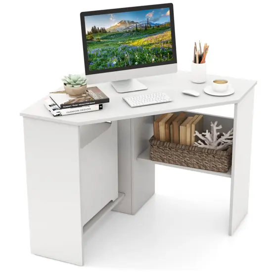 Costway Corner Computer Desk Triangle Writing Workstation w/ Storage Shelf White\Black {1}