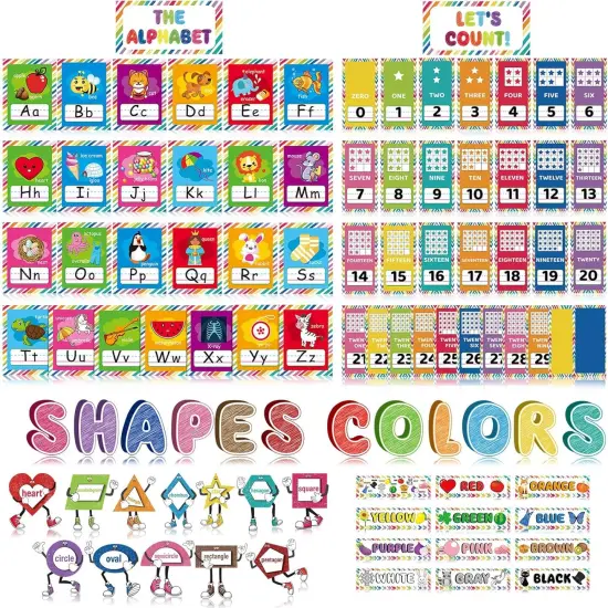 96 Pieces Colors and Shapes Bulletin Board Number Alphabet Letters Posters for Classroom Wall Decor {1}