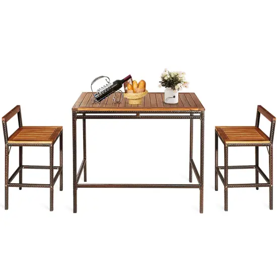 Costway 3 PCS Patio Rattan Wicker Bar wood Table Chair Outdoor {2}