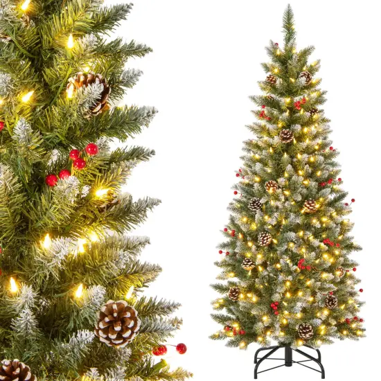 Costway 5 FT Pre-Lit Artificial Christmas Tree with 408 Snowy Branch Tips 250 LED Lights {1}