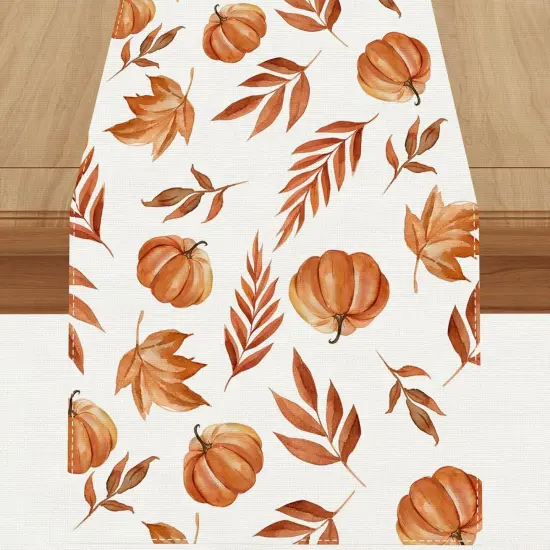 Linen Fall Table Runner 72 Inches Long Fall Leaves Pumpkin {1}