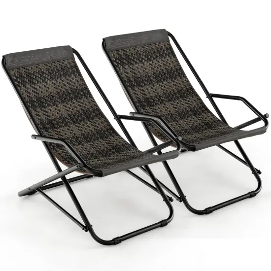 Costway Patio Folding Rattan Sling Chair Rocking Lounge Chaise Armrest Garden Portable {8}