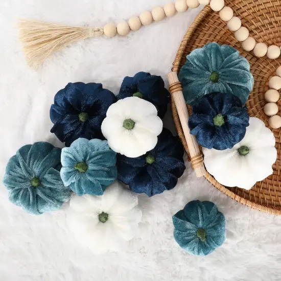 12Pcs Fall Velvet Pumpkin Blue White Tabletop Decor {3}