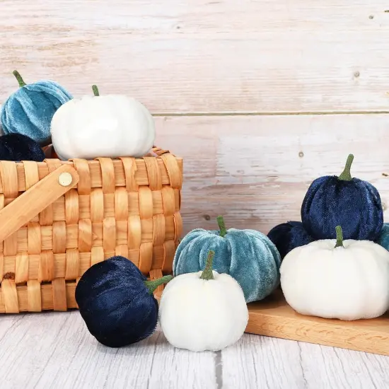 12Pcs Fall Velvet Pumpkin Blue White Tabletop Decor {2}