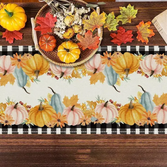 Fall Table Runner Plaid Maple Leaf Pumpkin Seasonal Autumn Burlap,13x72 Inch {3}