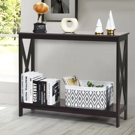 Costway 2-Tier Console Table x-Design Bookshelf Sofa Side Accent Table w/Shelf White\ Black\Espresso\Wood Grain {2}