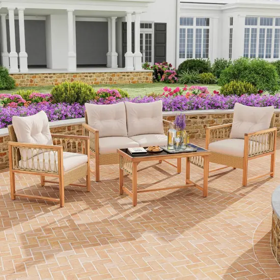 Costway 4 PCS Patio Furniture Set with Acacia Wood Frame Cushions and Coffee Table {5}