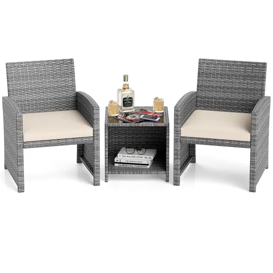 Costway 3 PCS Patio Furniture Set with Tempered Glass Coffee Table & Soft Seat Cushions Gray/Black/White {2}