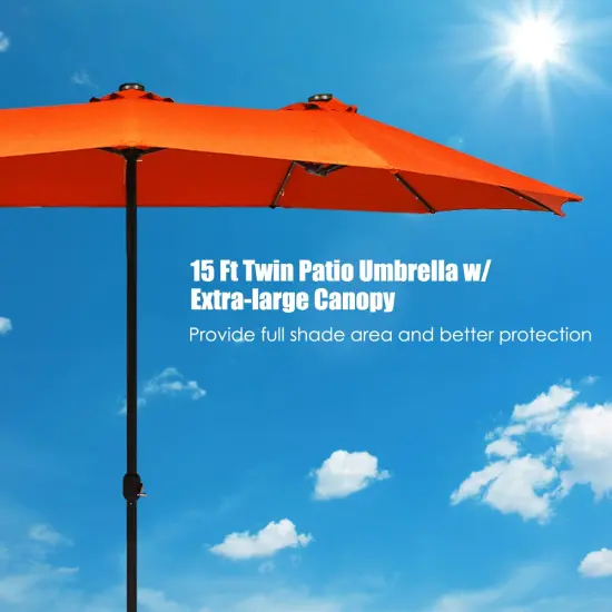 Costway 15Ft Patio Double-Sided Solar LED Market Umbrella Crank BeigeTanOrangeBurgundy {5}
