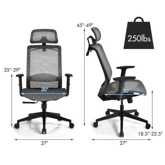 Costway Ergonomic High Back Mesh Office Chair Recliner Task Chair w/Hanger Grey\Black {3}