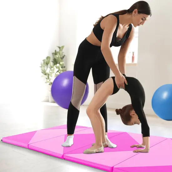 Costway Folding Gymnastics Mat 8' x 4' x 2'' PU Leather Tumbling Exercise Mat Yoga Gym Light Pink+Black/Blue+Black/Pink+Purple/Pink+Black/Pink+Blue/Pink {4}