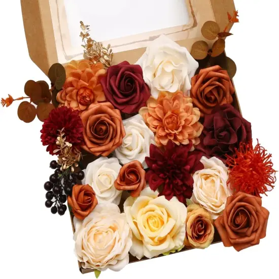Artificial Flowers Orange Burgundy Combo Box Set {1}