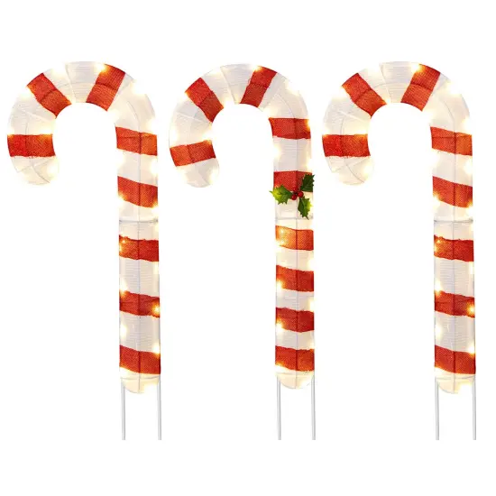 Costway 3 PCS Pre-Lit Candy Canes 31.5"H Xmas Yard Signs with 75 LED Lights Zip Ties {1}