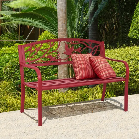 Costway Patio Garden Bench Park Yard Outdoor Furniture Cast Iron Porch Chair Red {4}