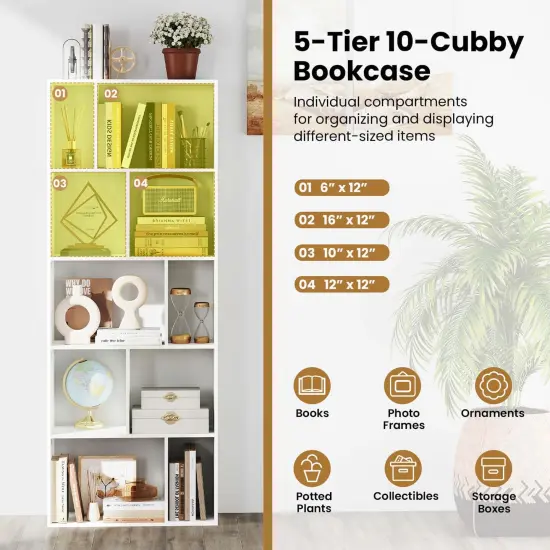 Costway 1/2 PCS 63" Tall Floor Standing Open Bookshelf with 10 Cubbies 5 Back Anti-falling Panels {6}