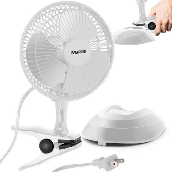 RamPro Portable Desk and Clip on Fan, 6 Inch Fans Small and Quiet Plug In, Small Personal Cooling Fan for Desk Home Office, 2 Speed, Adjustable Tilt White {1}