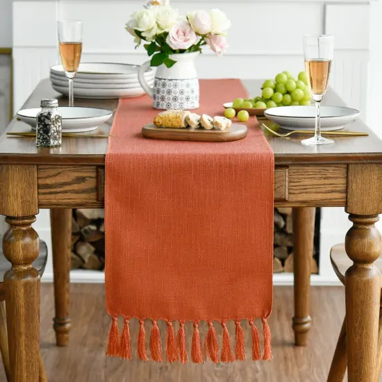 Terracotta Orange Tassel Table Runner, Fall Linen Blend -13x72 Inch {3}