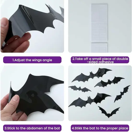 60PCS Halloween 3D Bats Decoration Halloween Large Bats Wall Decor 4 Different Sizes {3}