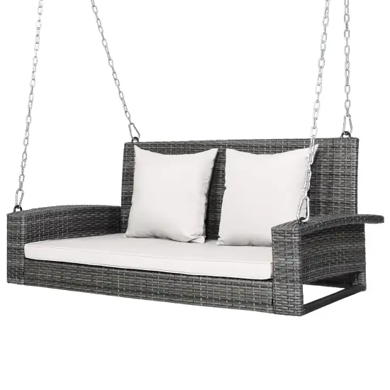 Costway 2-Person Patio PE Wicker Hanging Porch Swing Bench Chair with Cushion {8}