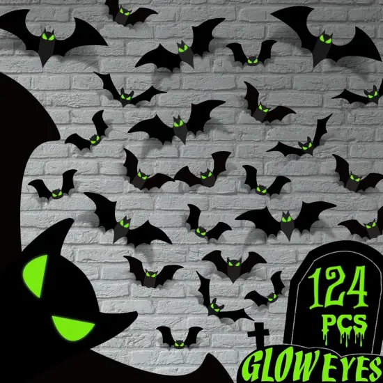 3D Bats Wall Decor with Glow Eyes - 124 Pcs {1}