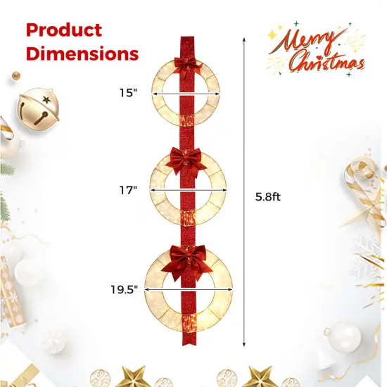 Costway Set of 3 Pre-Lit Wreaths with 450 LED Lights Bows & Hanging Hook for Doors {3}