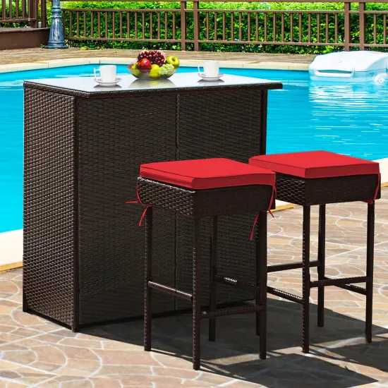 Costway 3PCS Patio Rattan Wicker Bar Table Stools Dining Set Cushioned Chairs Garden Red {1}
