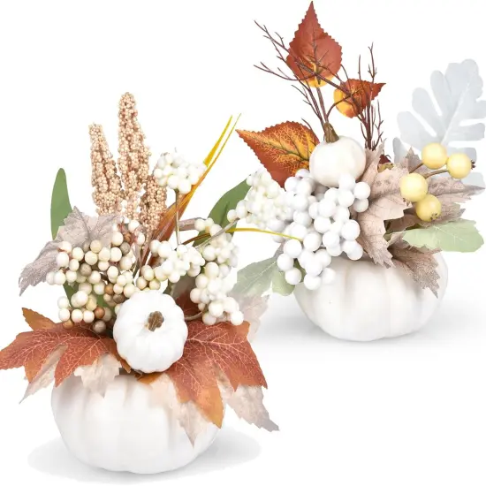 2 Pack Artificial Pumpkins with White Maple Leaves {1}