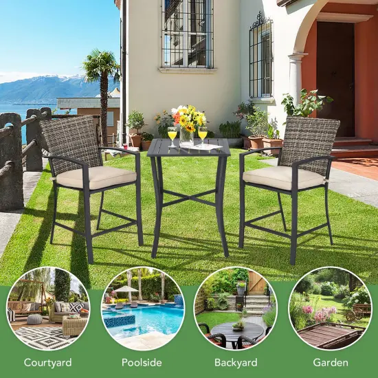 3PCS Patio Rattan Bar Furniture Set Slat Table 2 Cushioned Stools Poolside Gray {4}