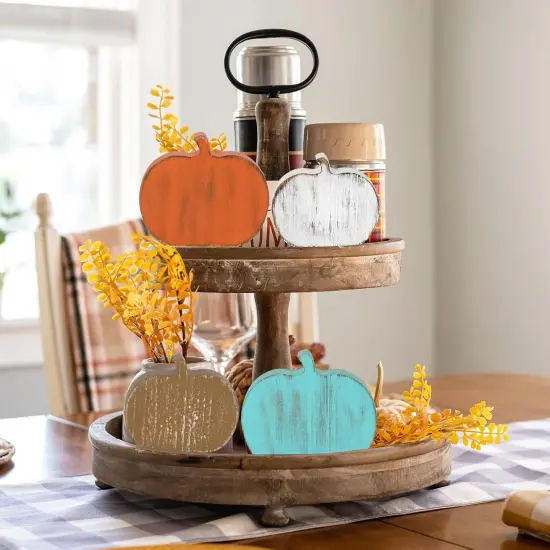 4 Wooden Fall Pumpkins Decorations {2}